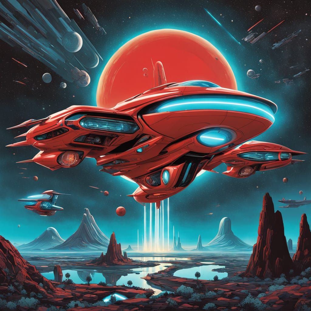Sleek Retro-Futuristic Spaceship Erupts from Cosmic Night Sk...