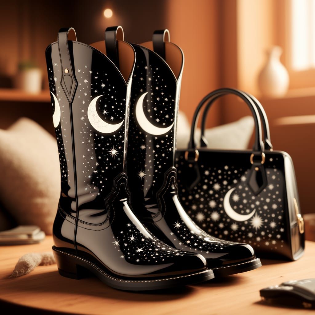 Glossy Black Boots and Handbag in a Warmly Lit Studio