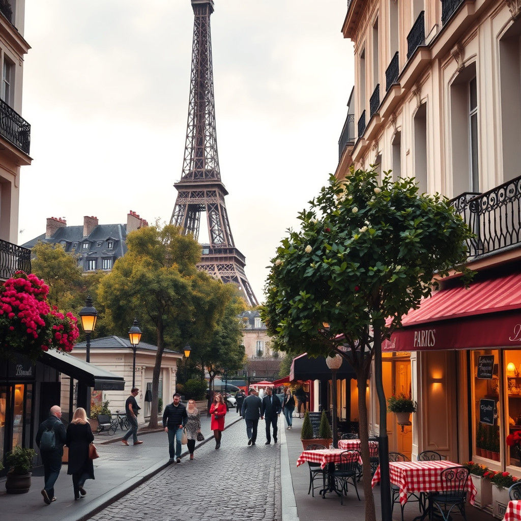 Charming Parisian Street Scene with Eiffel Tower