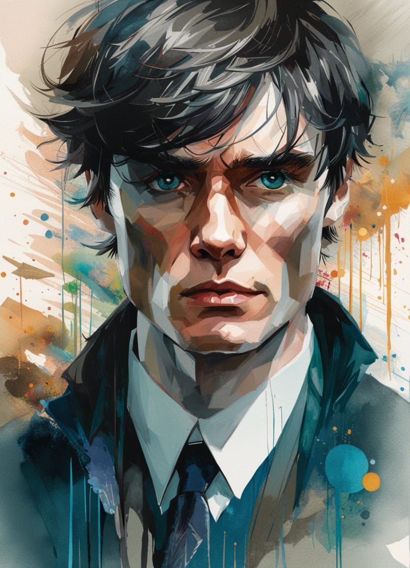 Detailed Watercolor Manga Portrait of Cillian Murphy