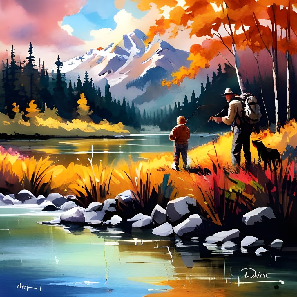 Father and Son Fly Fishing: Dreamy Watercolor Illustration