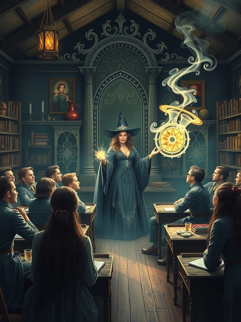 Sorceress Teaching Magic in Dark Fantasy Classroom