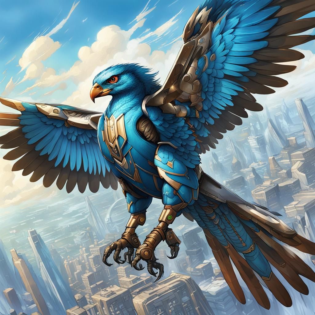 Cyborg Avian Skywing Surveys Futuristic Cityscape