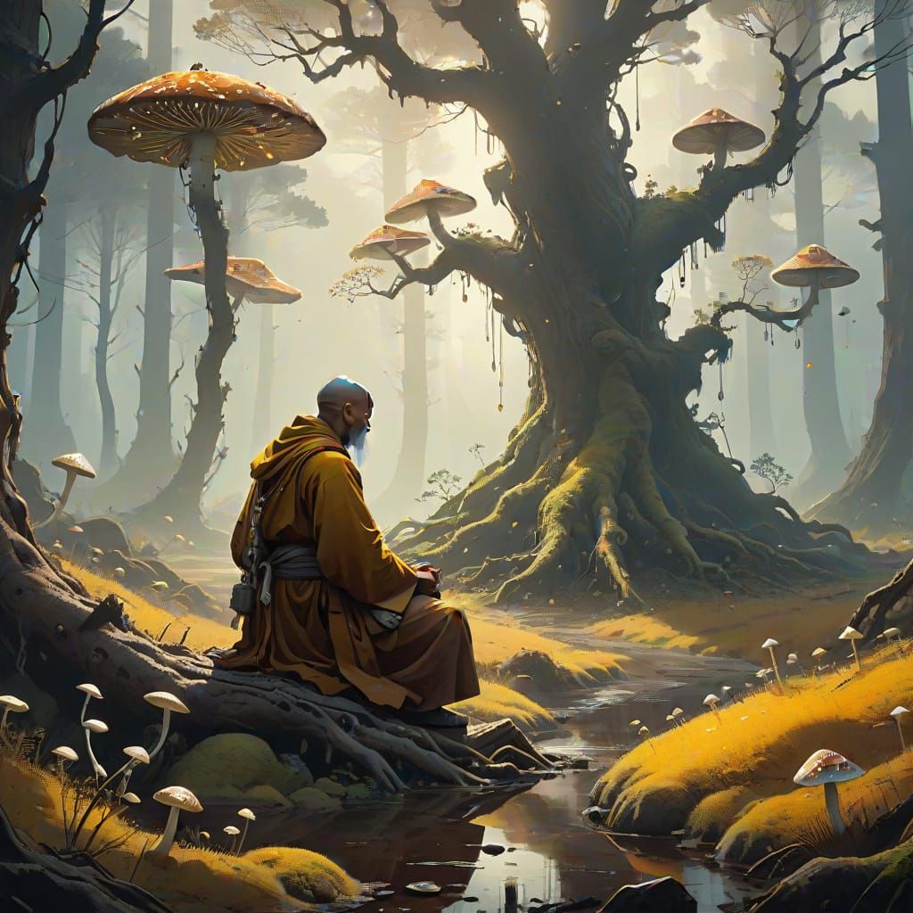 Mystical Monk in Ancient Forest