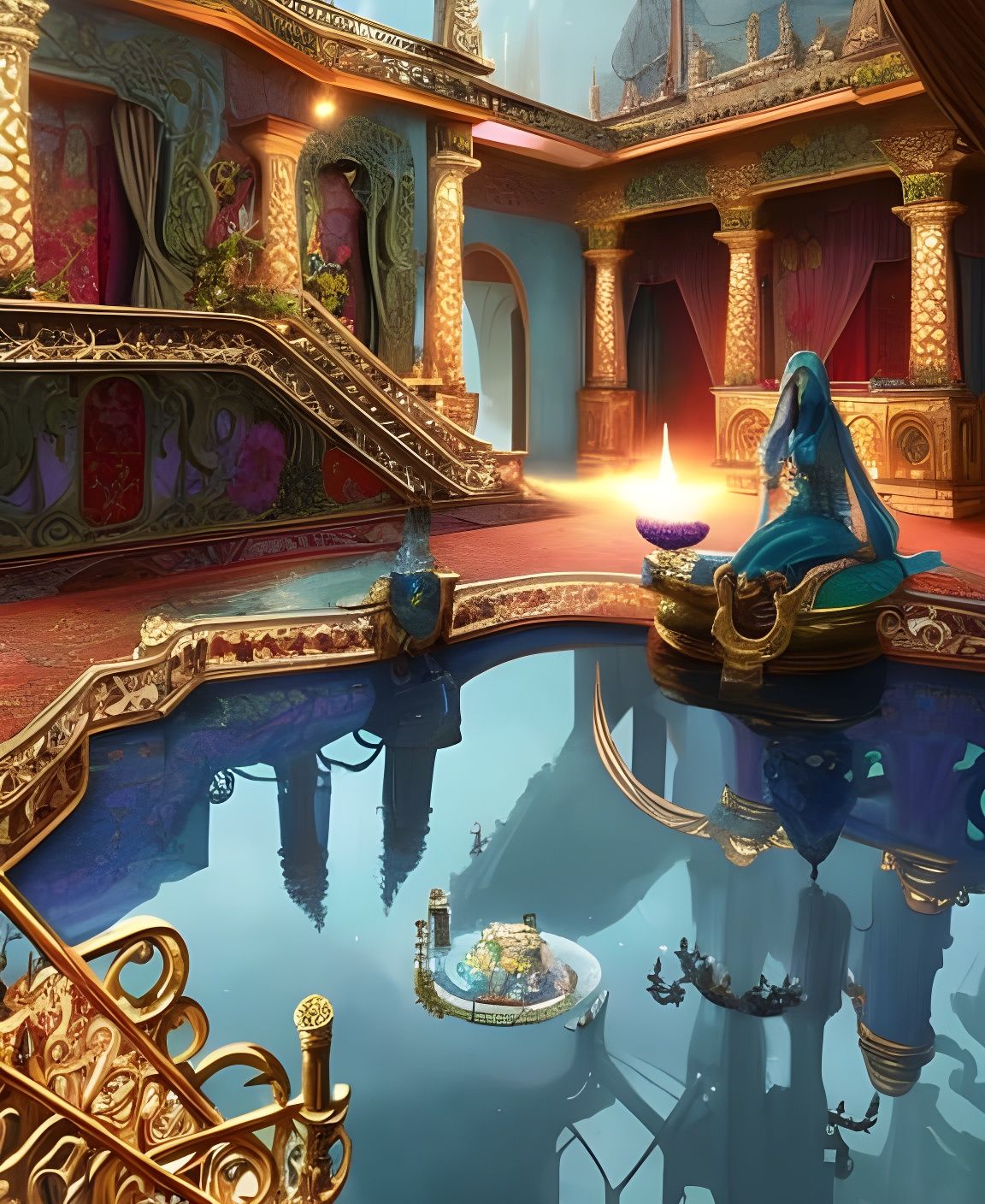 Ornate Statues Reflected in Nouveau Mirror