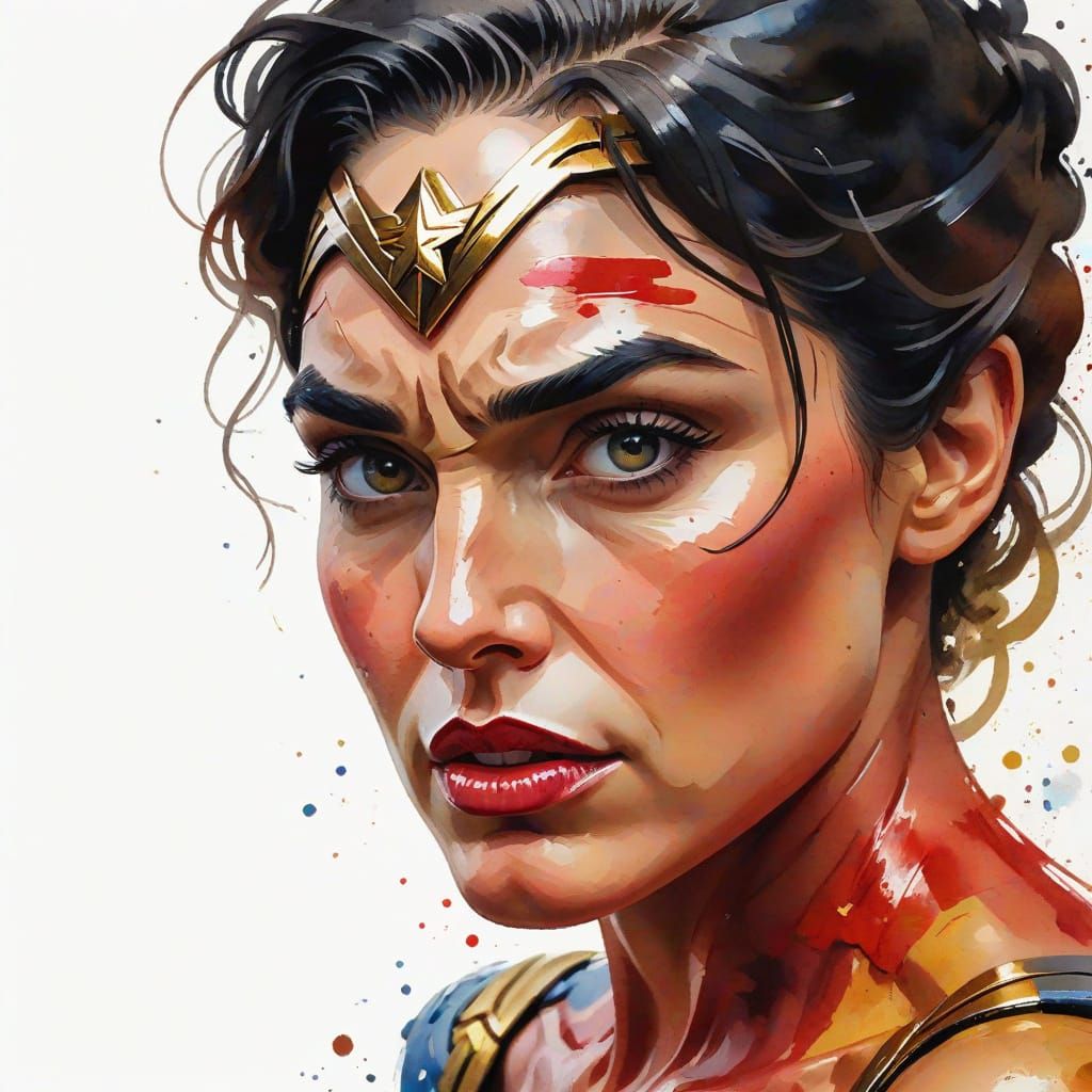 Wonder Woman Gouache Watercolor Impressionist Painting