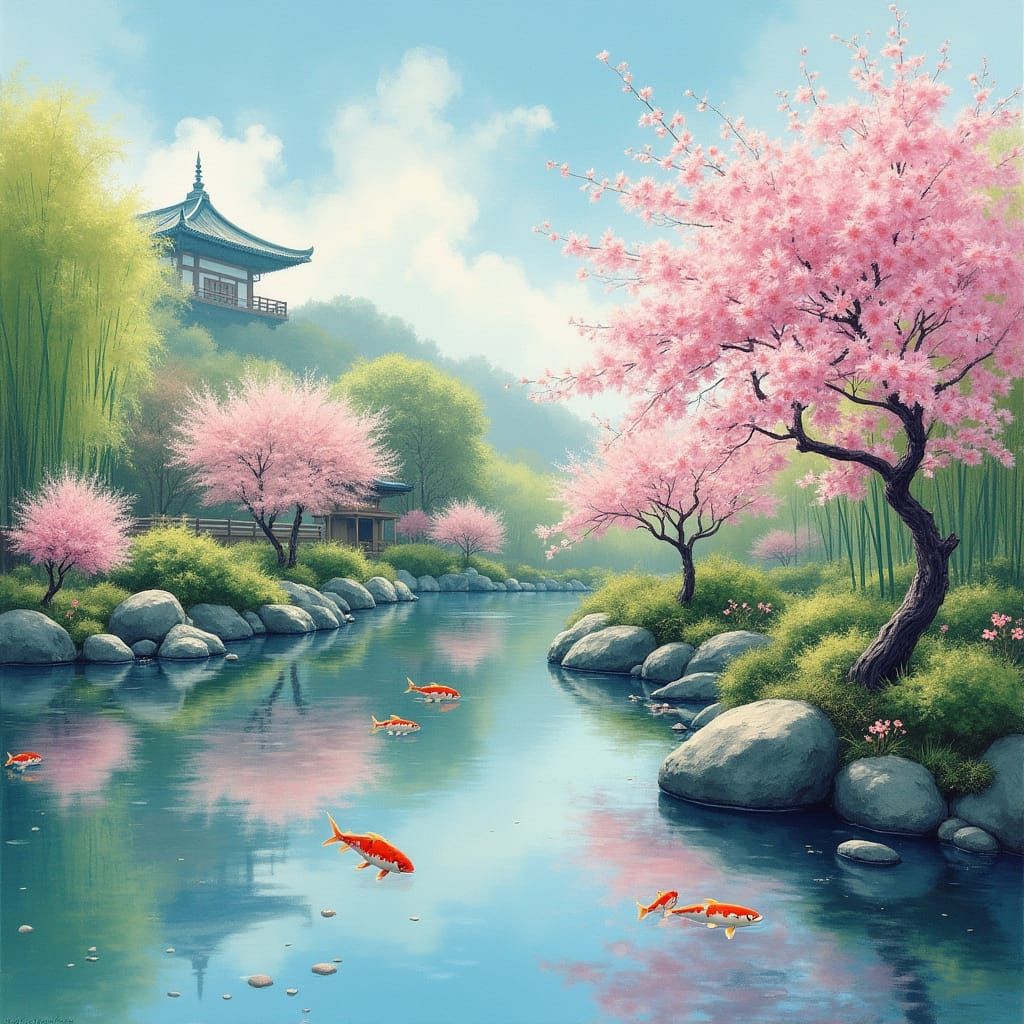 Springtime Japanese Garden with Pagoda in Impressionist Styl...