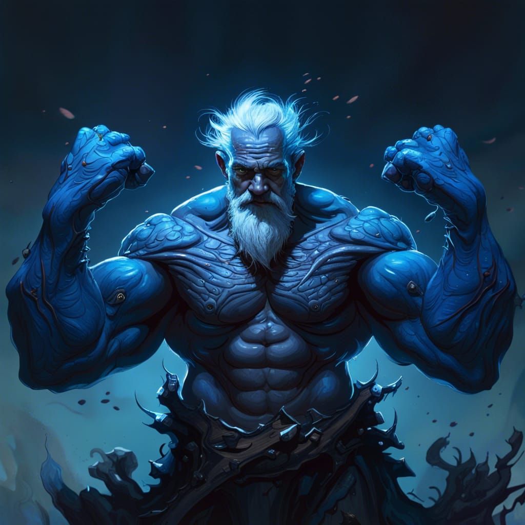 Muscular Four-Armed Blue Old Man in Dark Fantasy Art