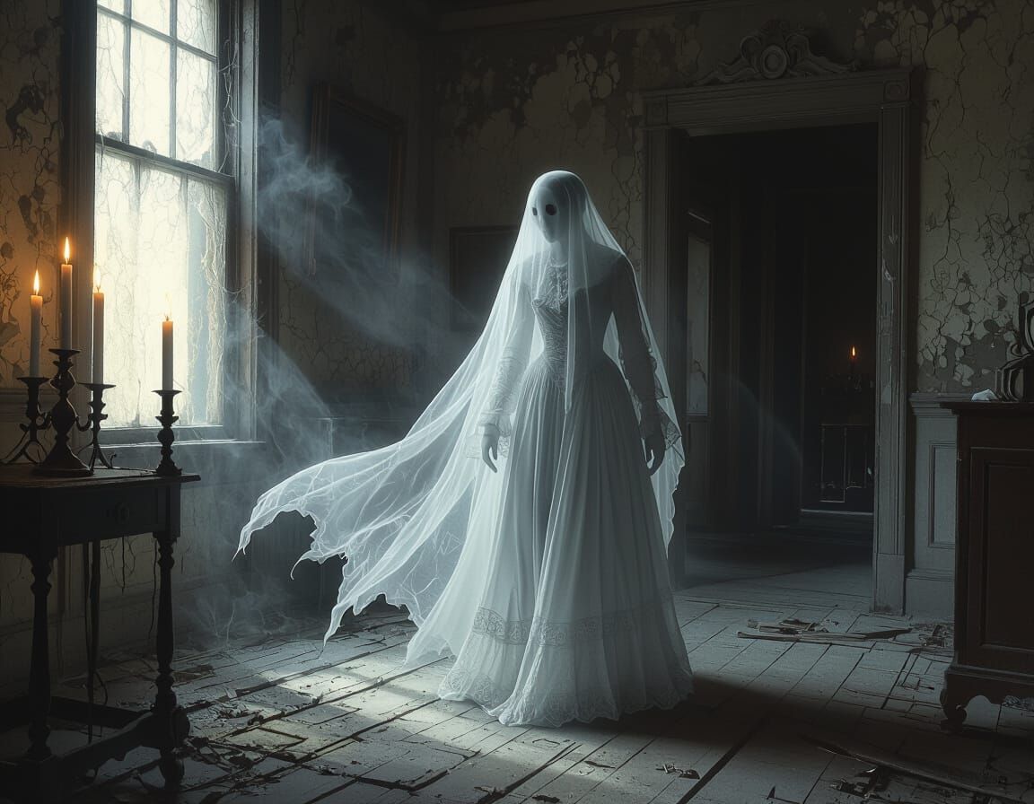 Ethereal Ghost Drifting Through Victorian Mansion