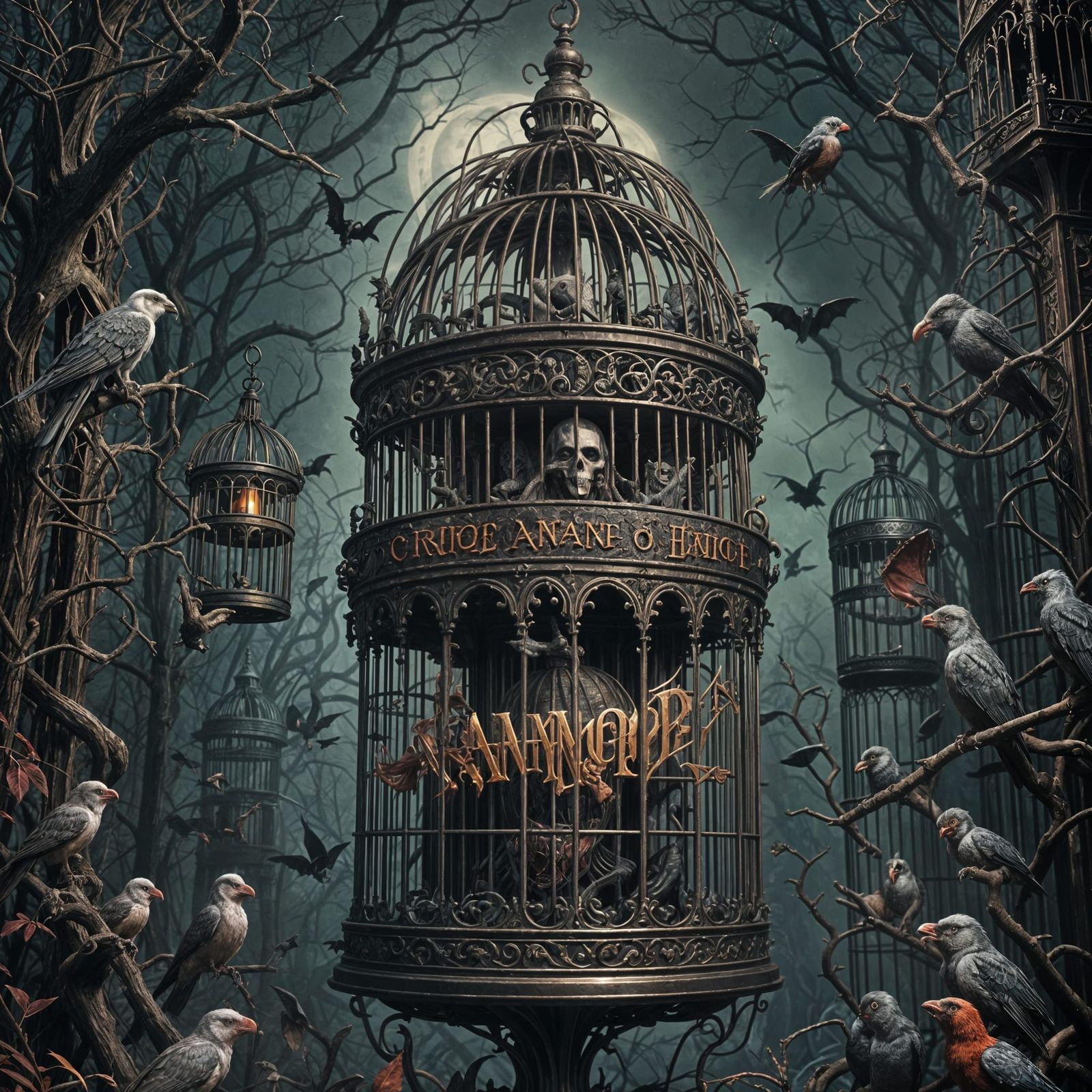Creepy Vampire Birdcage Album Cover in Black Metal Font