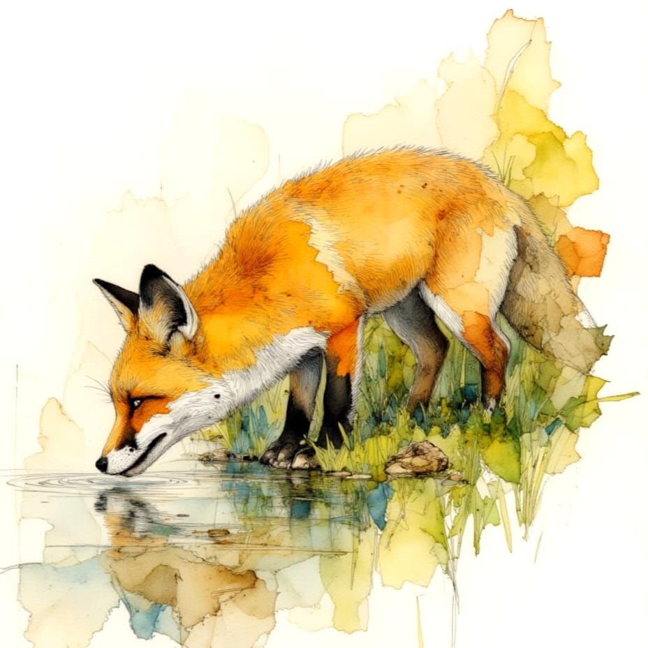 Red Fox Drinks From Creek in Watercolor Sketch