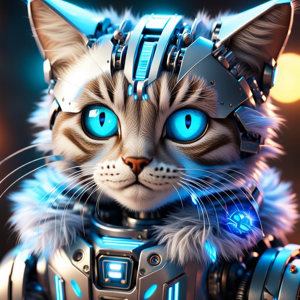 Whimsical Robot Cat in Soft Focus Sending Hugs in Digital Ar...