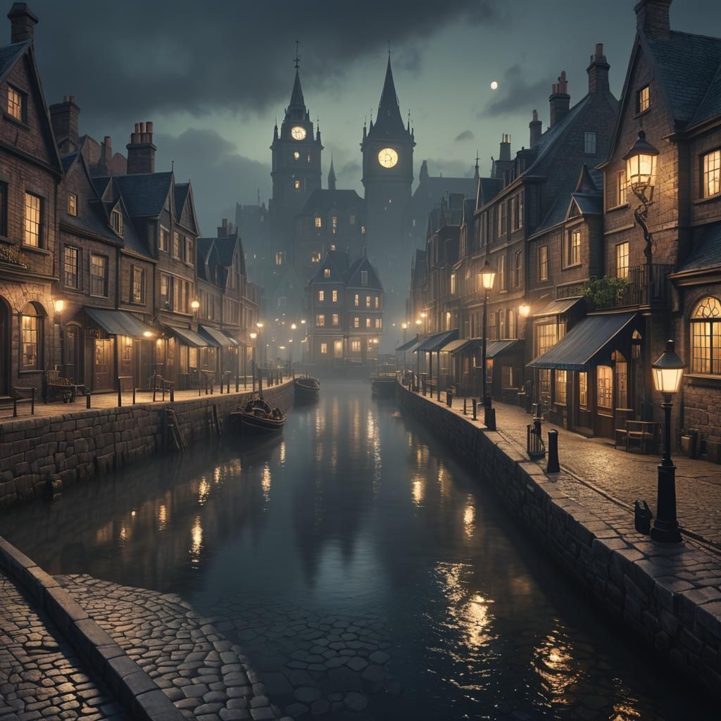 Victorian Harbor at Night in Detailed Matte Painting