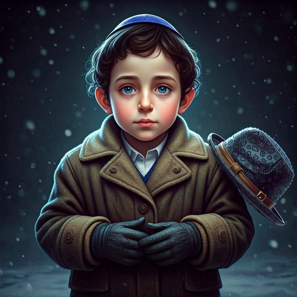 Hasidic Boy Building Snowman in Winter Sunset