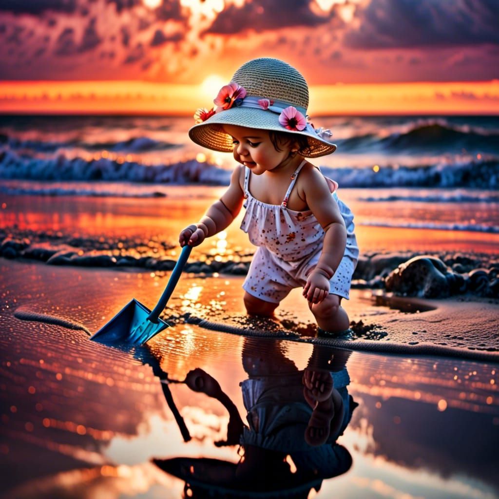 <lora:Abracadabra:1.0>Reflections in Water, Baby Girl Is Playing On The Beach