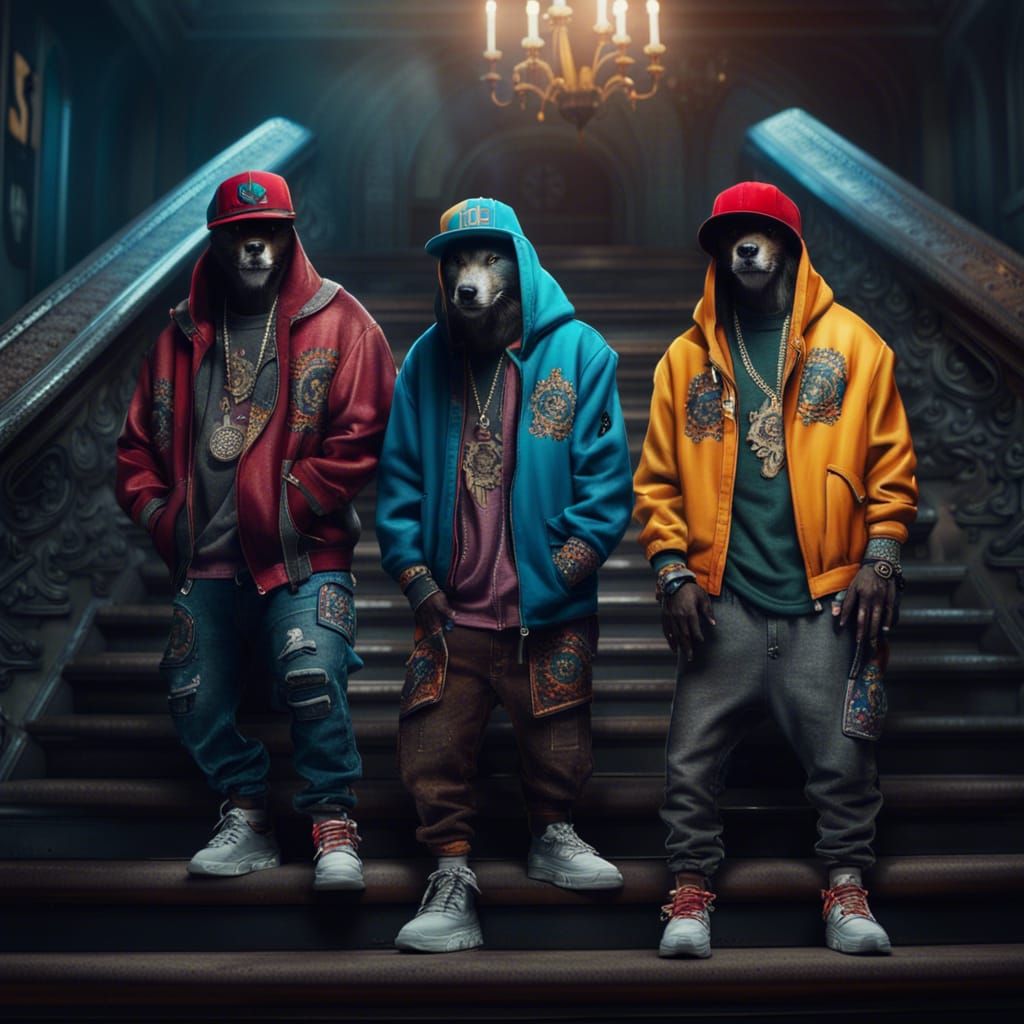 Werewolf Hip-Hop Crew on Staircase: Fantasy Concept Art