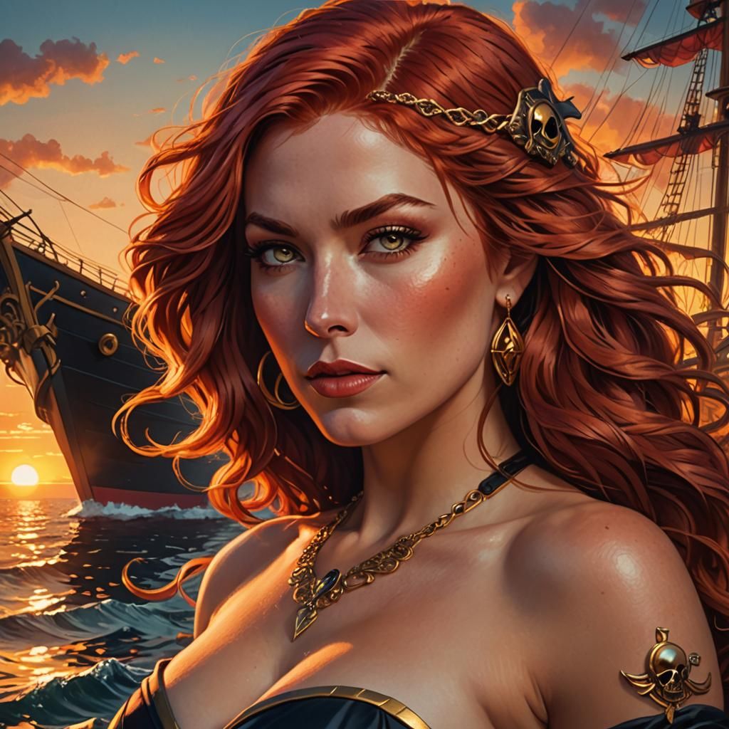 Art Nouveau Pirate Woman at Sunset