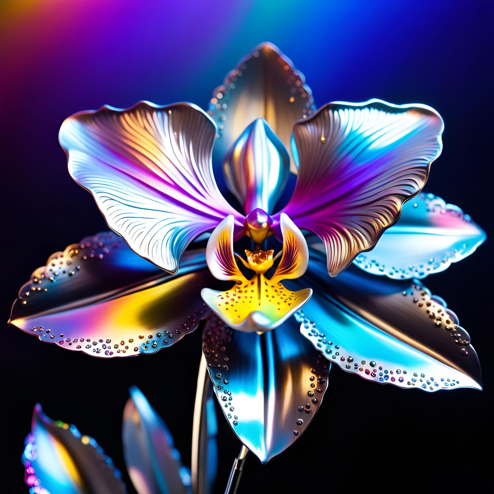 Shimmering Silver Metal Orchid in Hyperrealistic Style