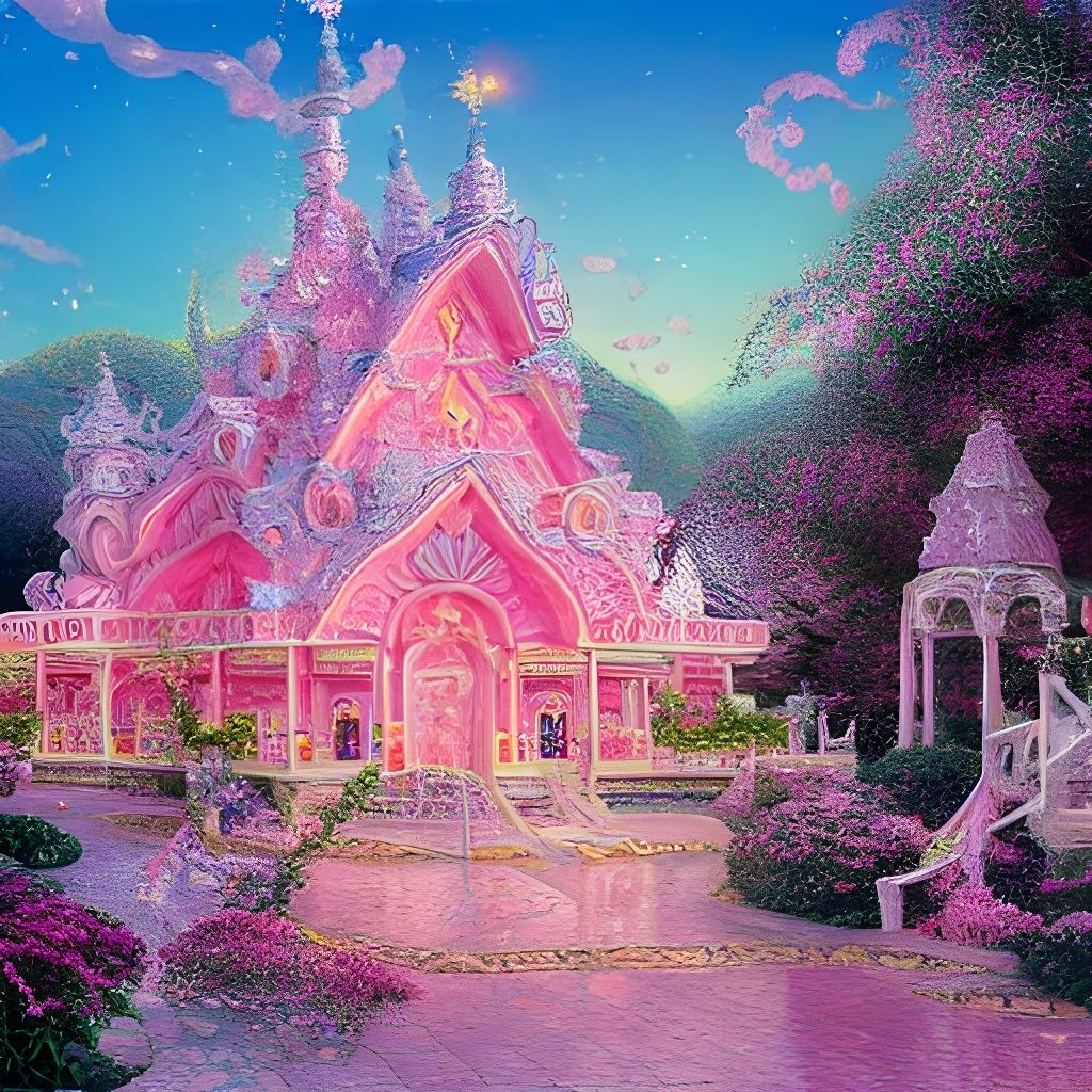 Pink temple made out of shiny crystals. Pink fluffy angels i...