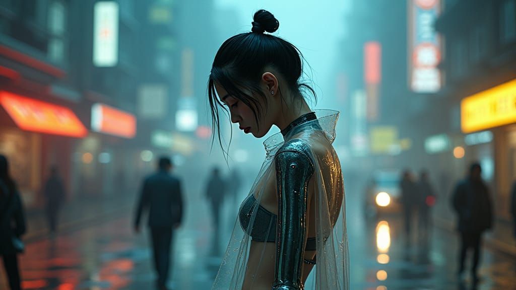 Cybernetic Asian Woman in Rainy Cyberpunk City