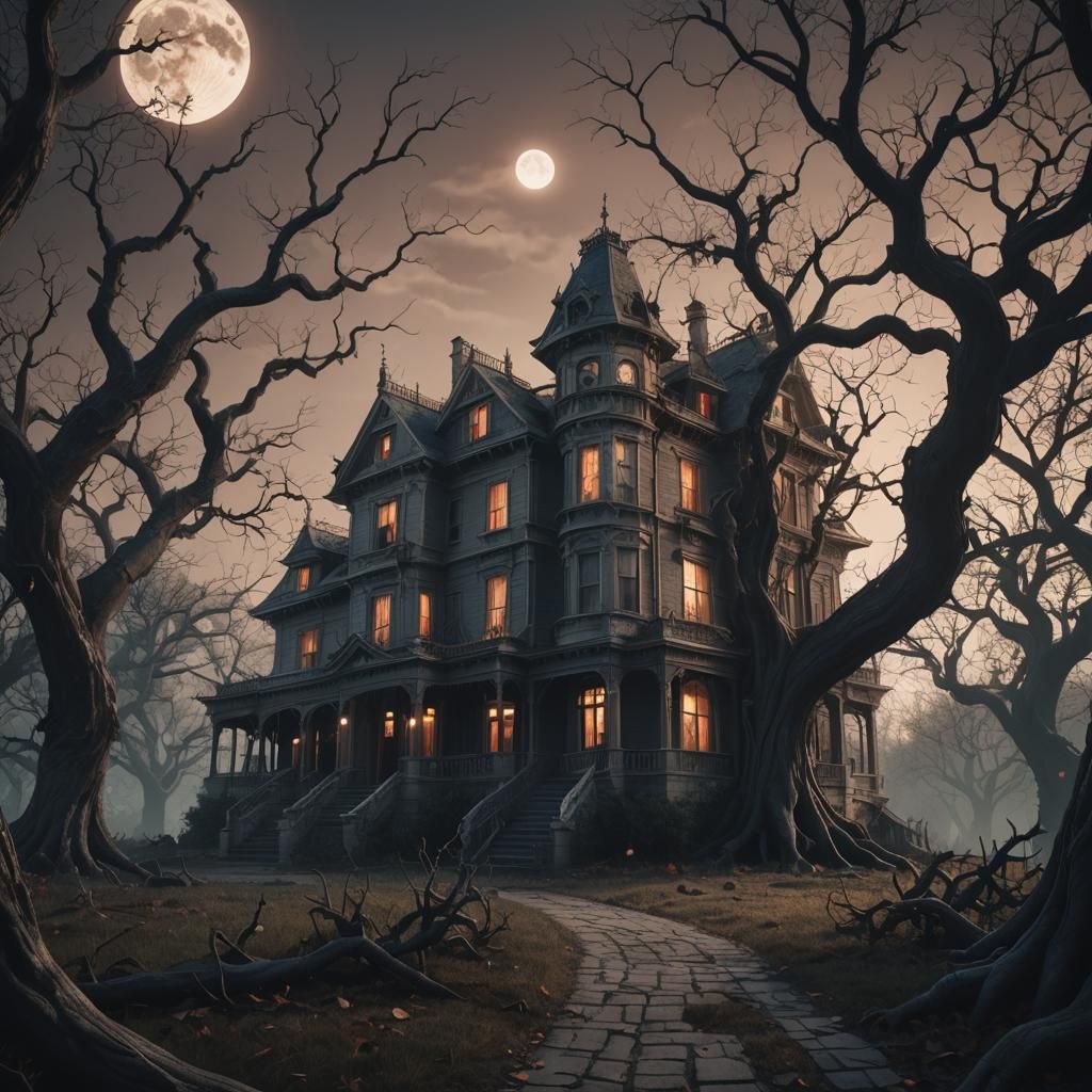Creepy Haunted Mansion in Matte Painting Style