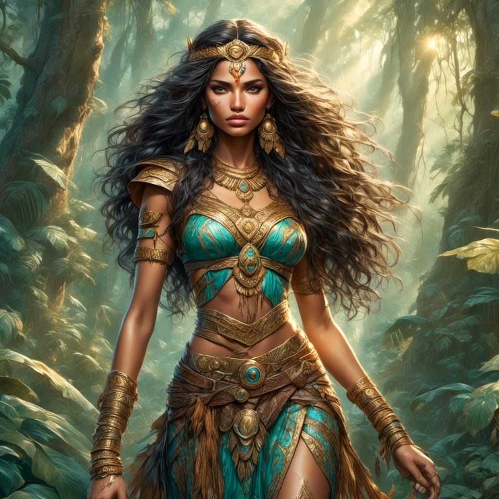Hispanic Woman Warrior in Forest, Swords and Sorcery