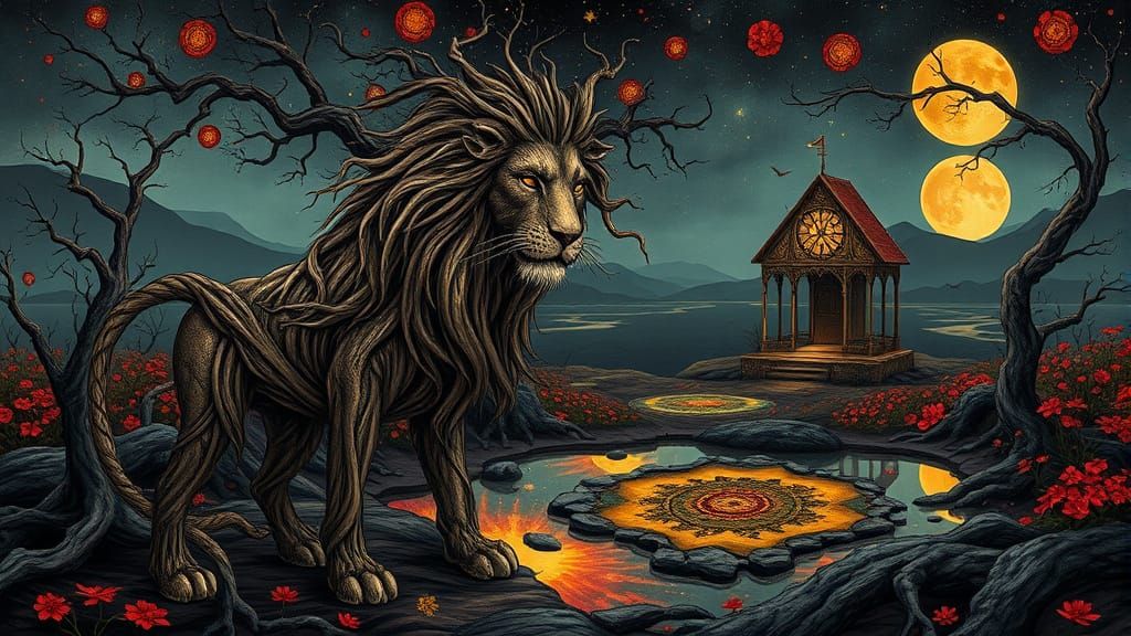 Shattered Vine Lion in Art Nouveau Landscape
