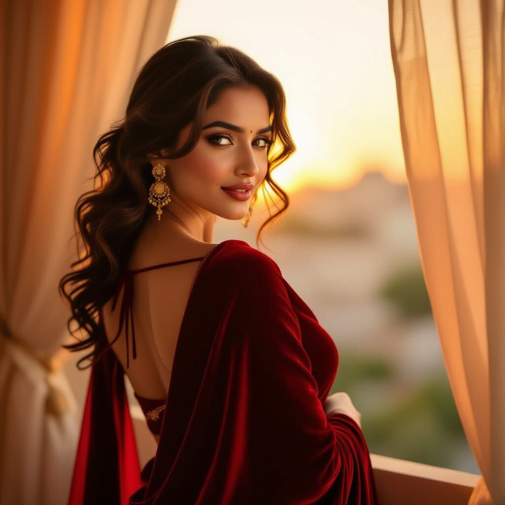 Sensual Indian Woman in Red Saree, Oil Painting