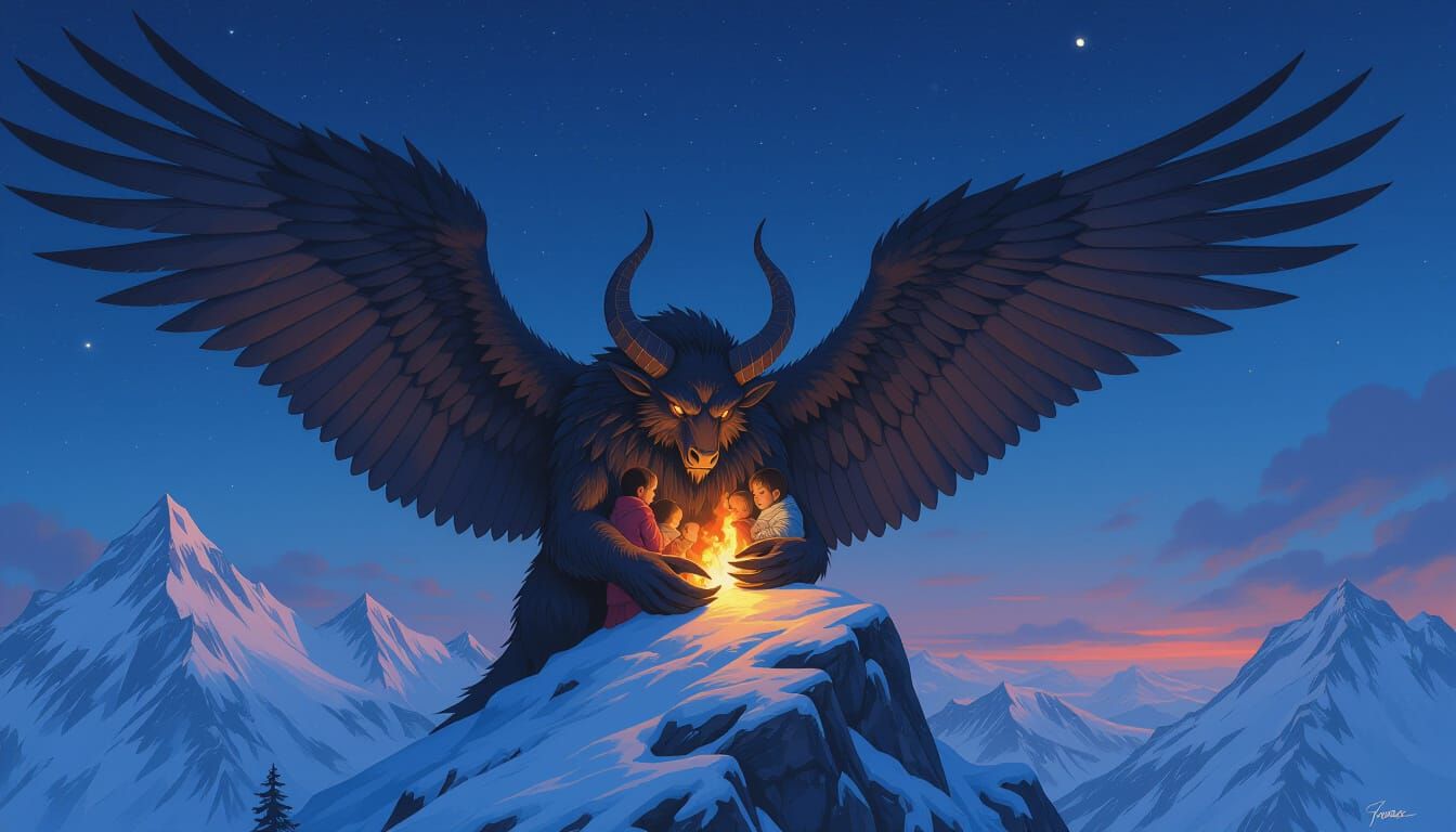 Guardian Beast Protecting Children, Dark Fantasy Concept Art