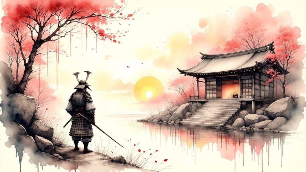 Samurai Warrior at Dawn Shrine in Ink Wash Style