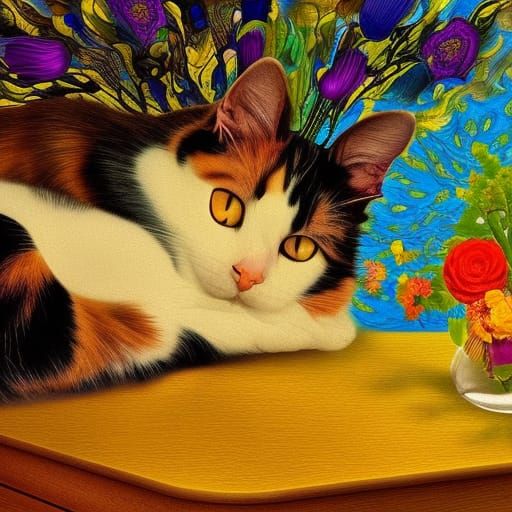 Calico Cat in a Surreal, Psychedelic Dreamscape