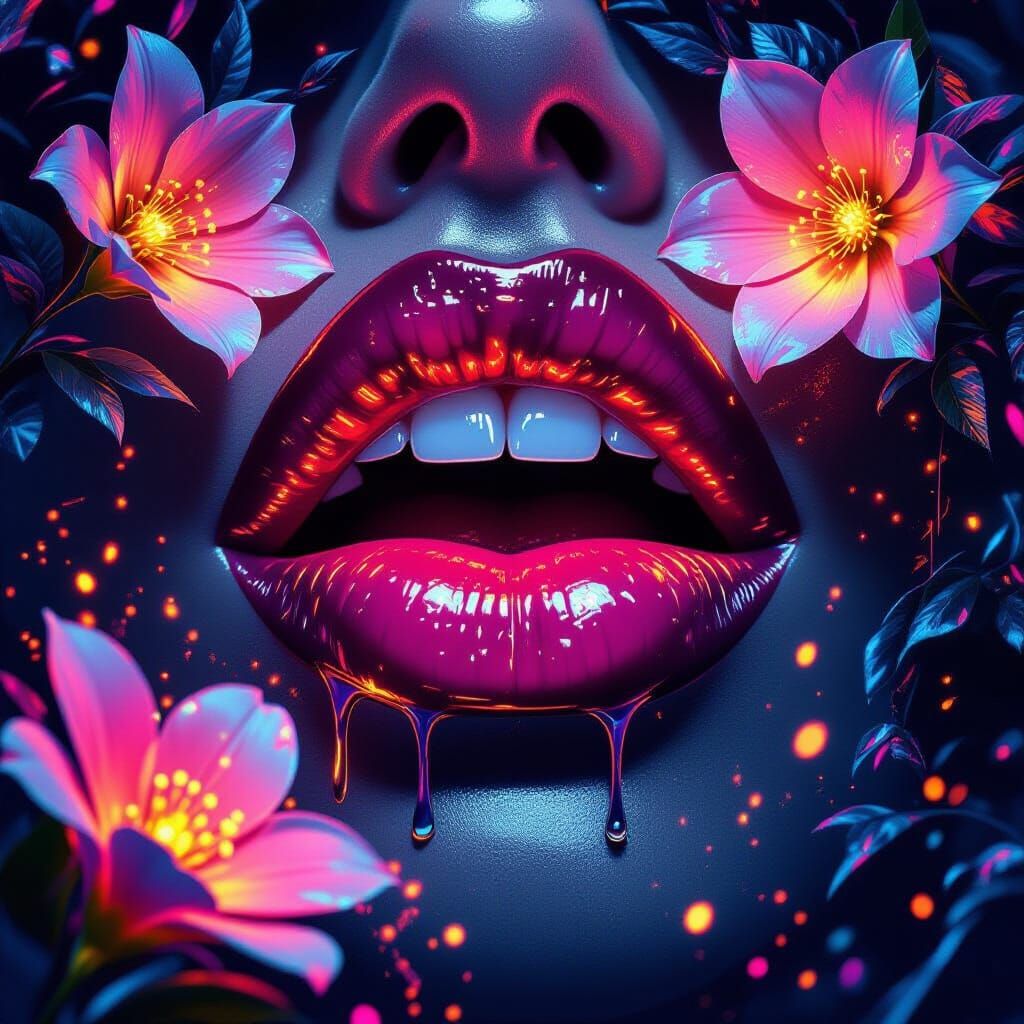 Neon Lips in a Dystopian Floral Dreamscape