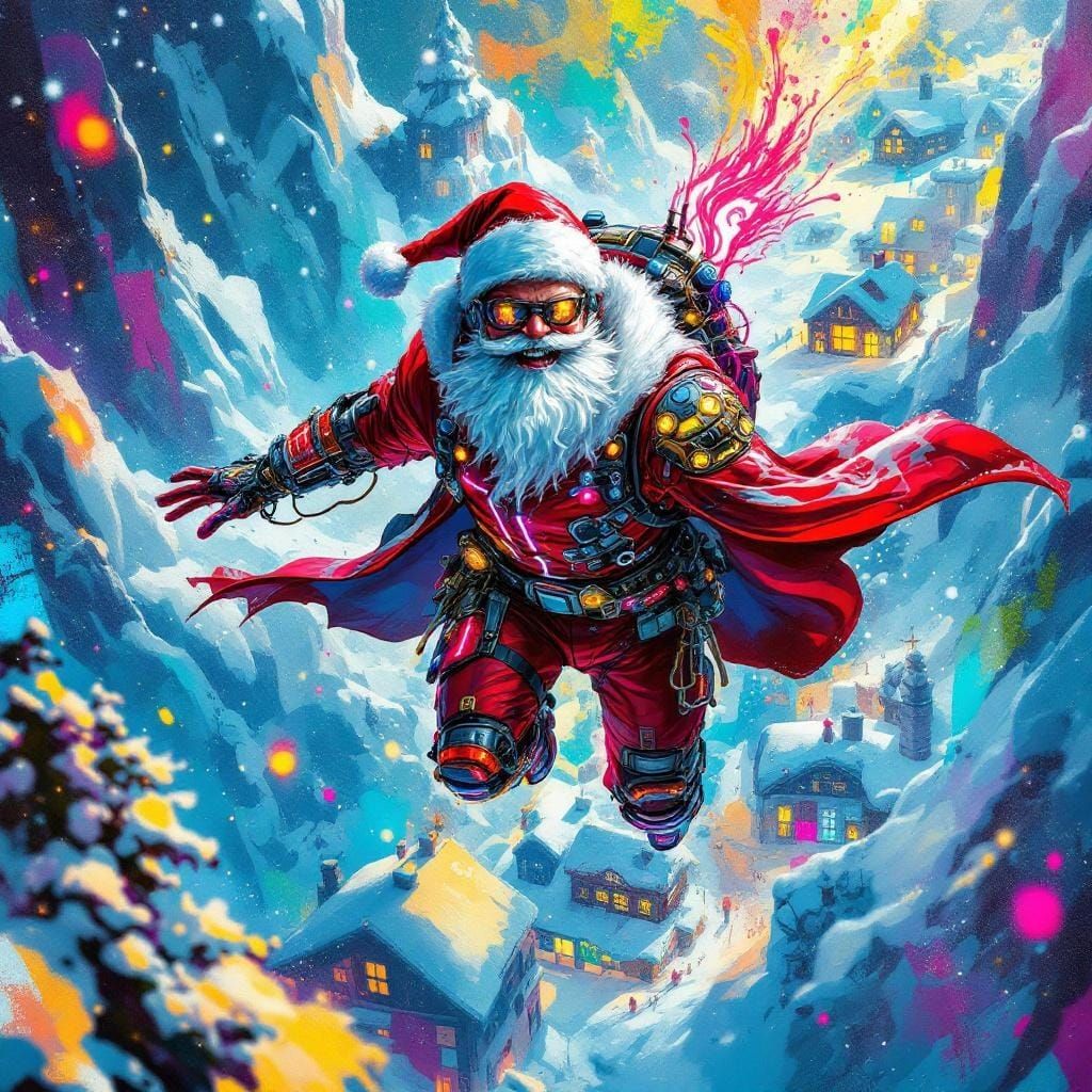 Cyberpunk Santa Flies Over Snowy Village