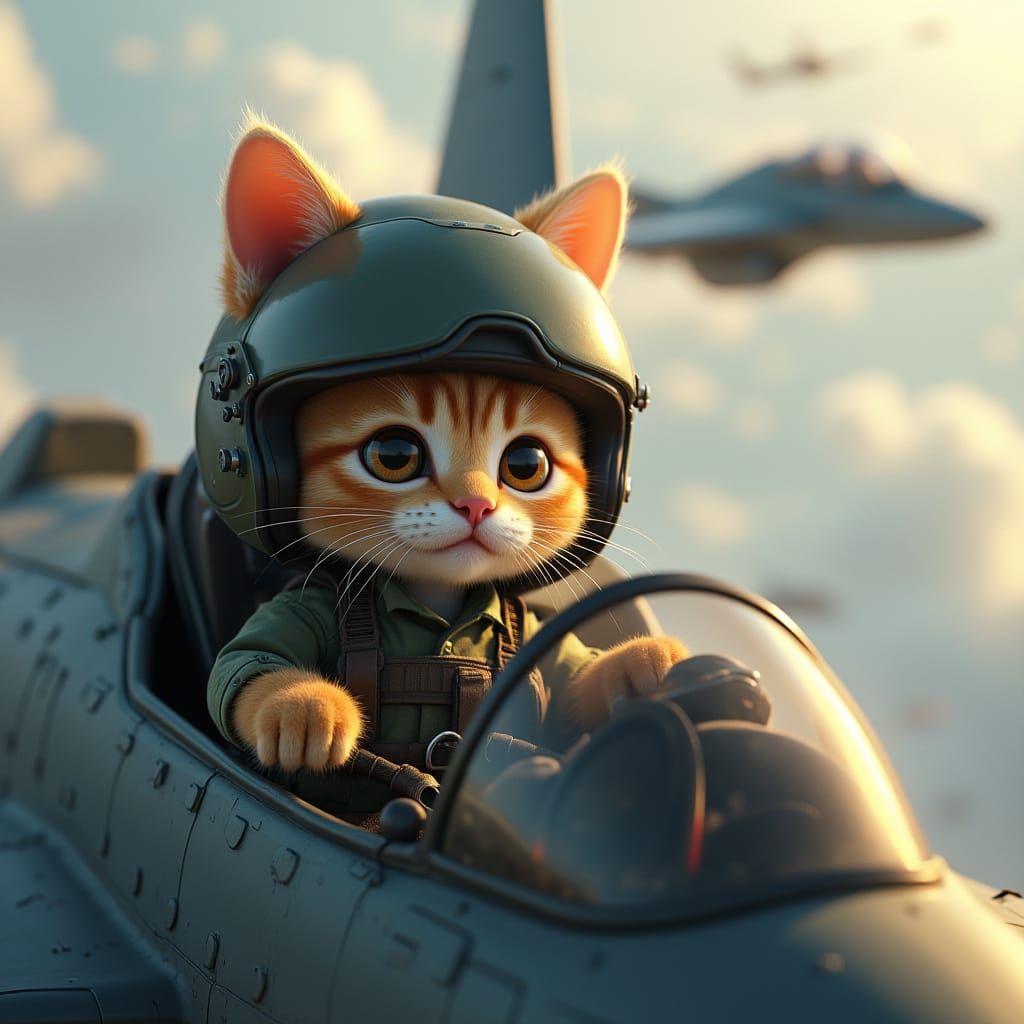 Cat Soldier in Fighter Jet, Realistic Military Fantasy