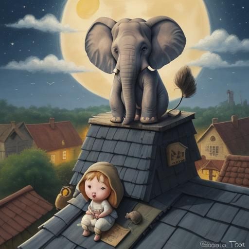 Elephant on Village Roof in Cartoon Oil Painting
