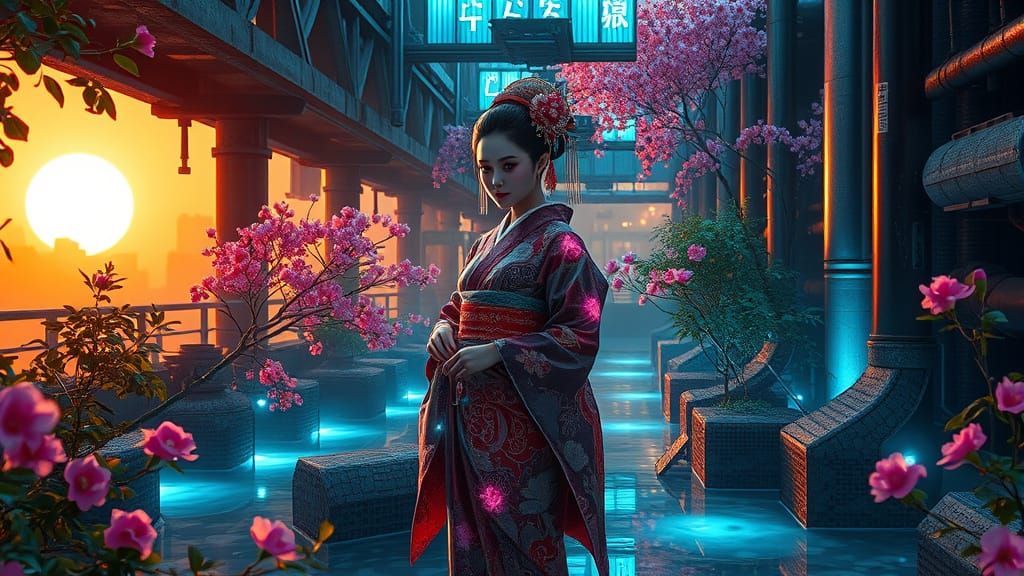 Futuristic Geisha in a Dystopian Oasis