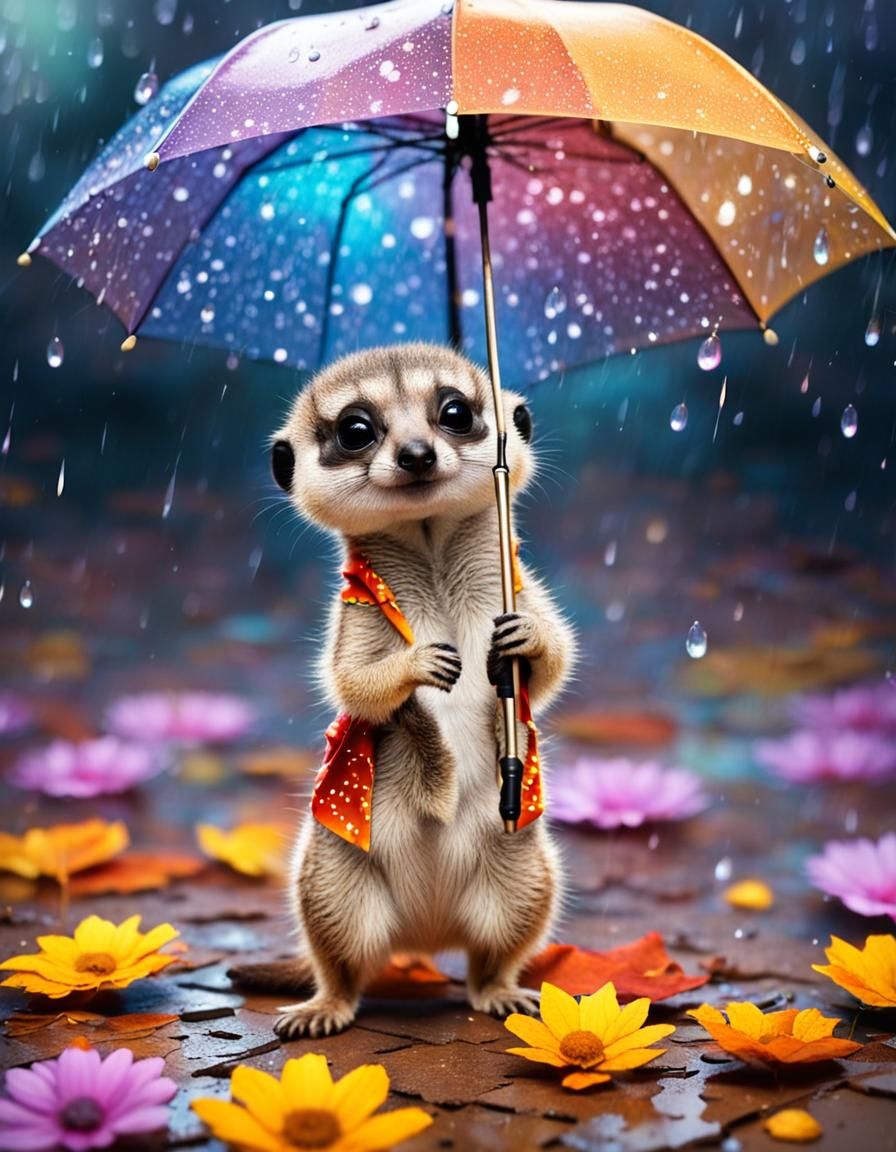 Chibi Meerkat Dances in Rainy Autumn Galaxy