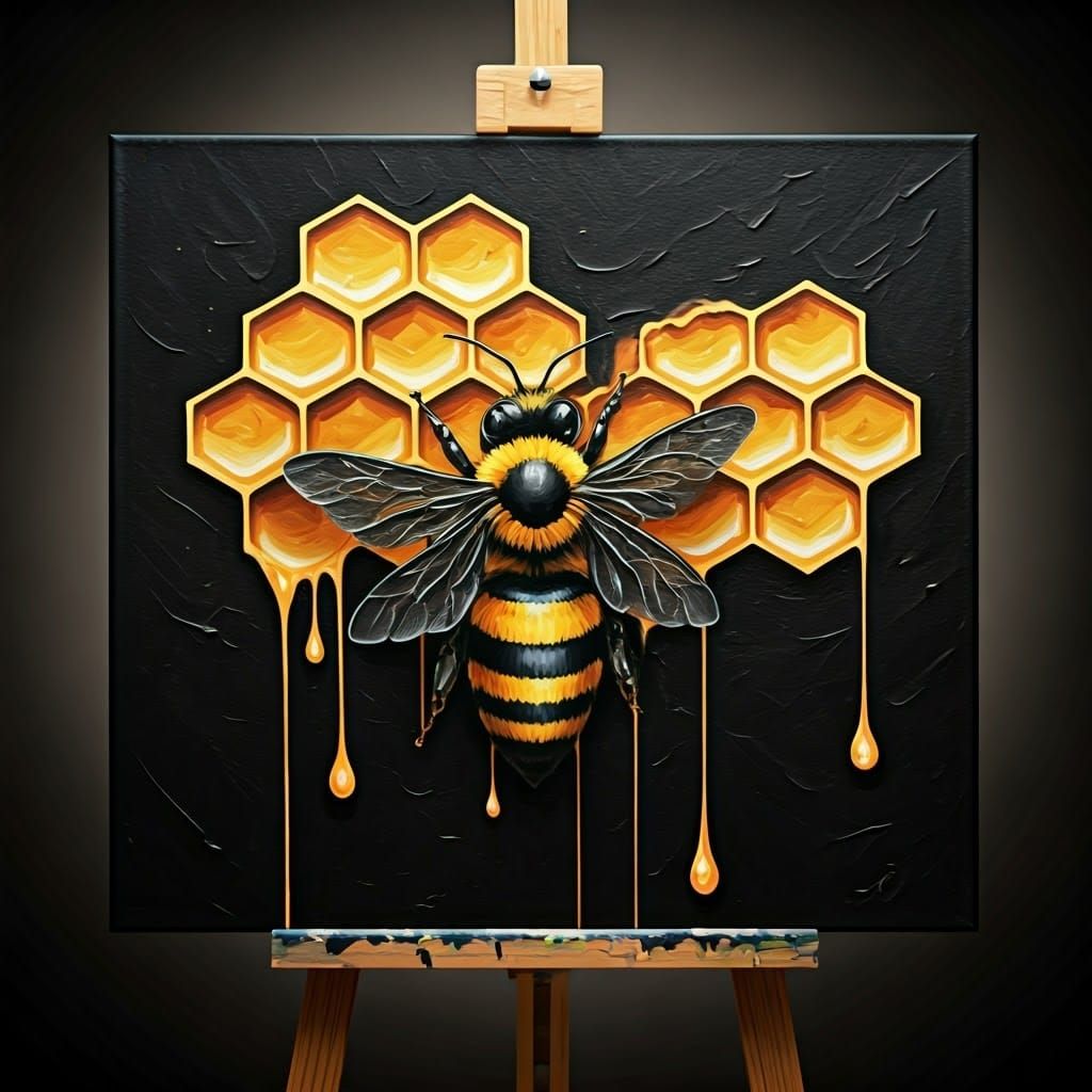 Honeycomb and Bee Painting in Grunge Style