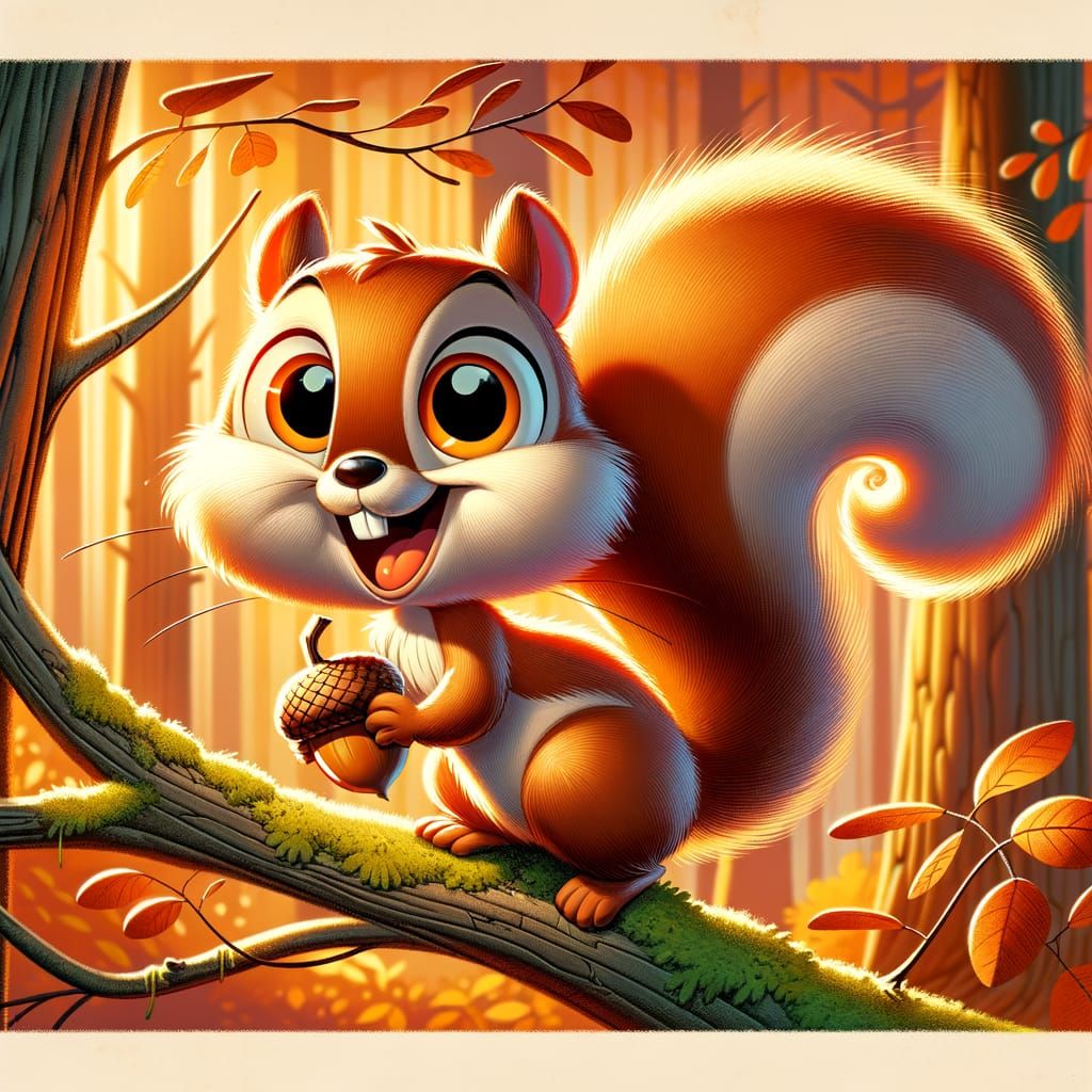 Mischievous Cartoon Squirrel Leaps with Stolen Acorn