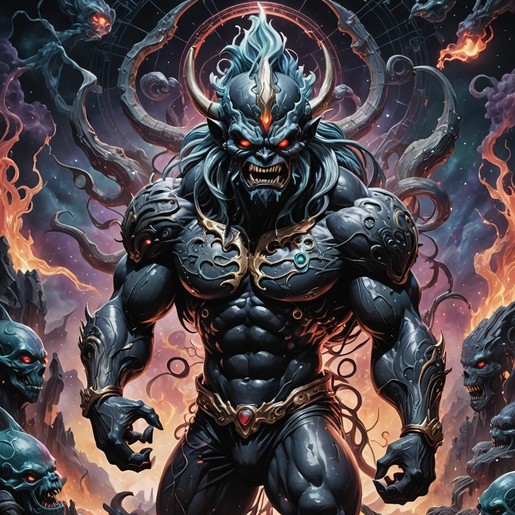 Demonic Porcelain Machamp in Cosmic Astral Illustration