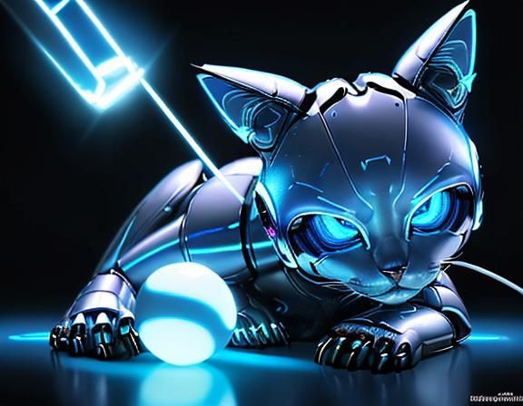 Futuristic Robot Kitten with Blue Ball, Digital Art