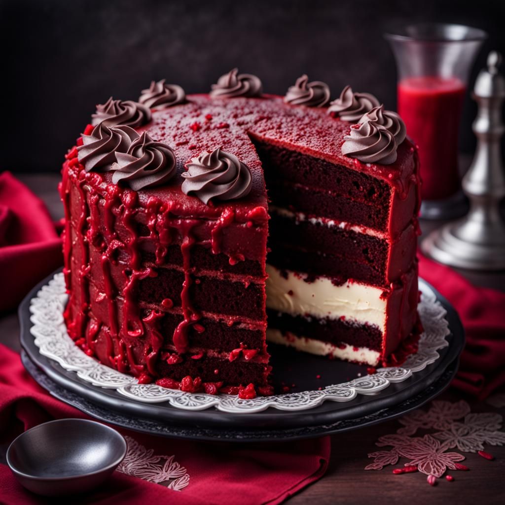 Hyperrealistic Red Velvet Cake with Black Frosting