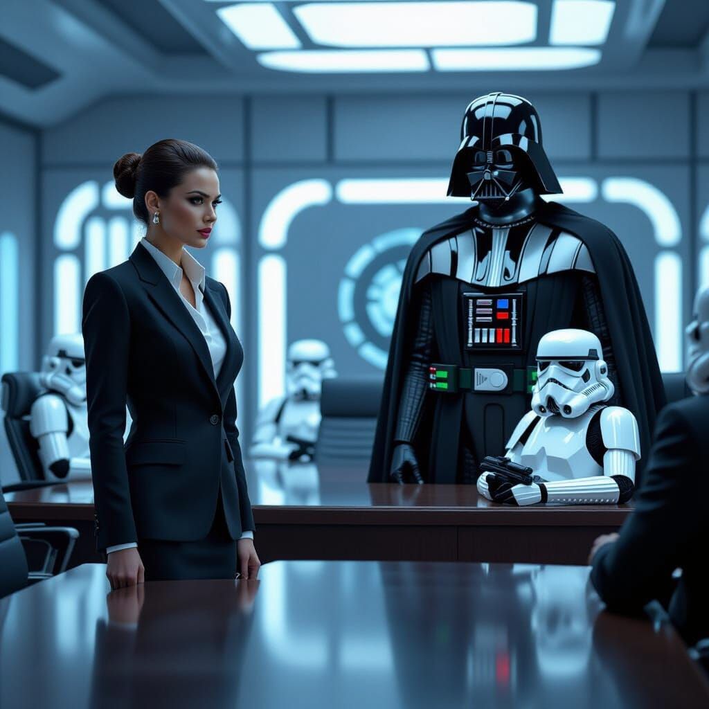 HR Sith Reprimands Stormtrooper in Dark Industrial Style