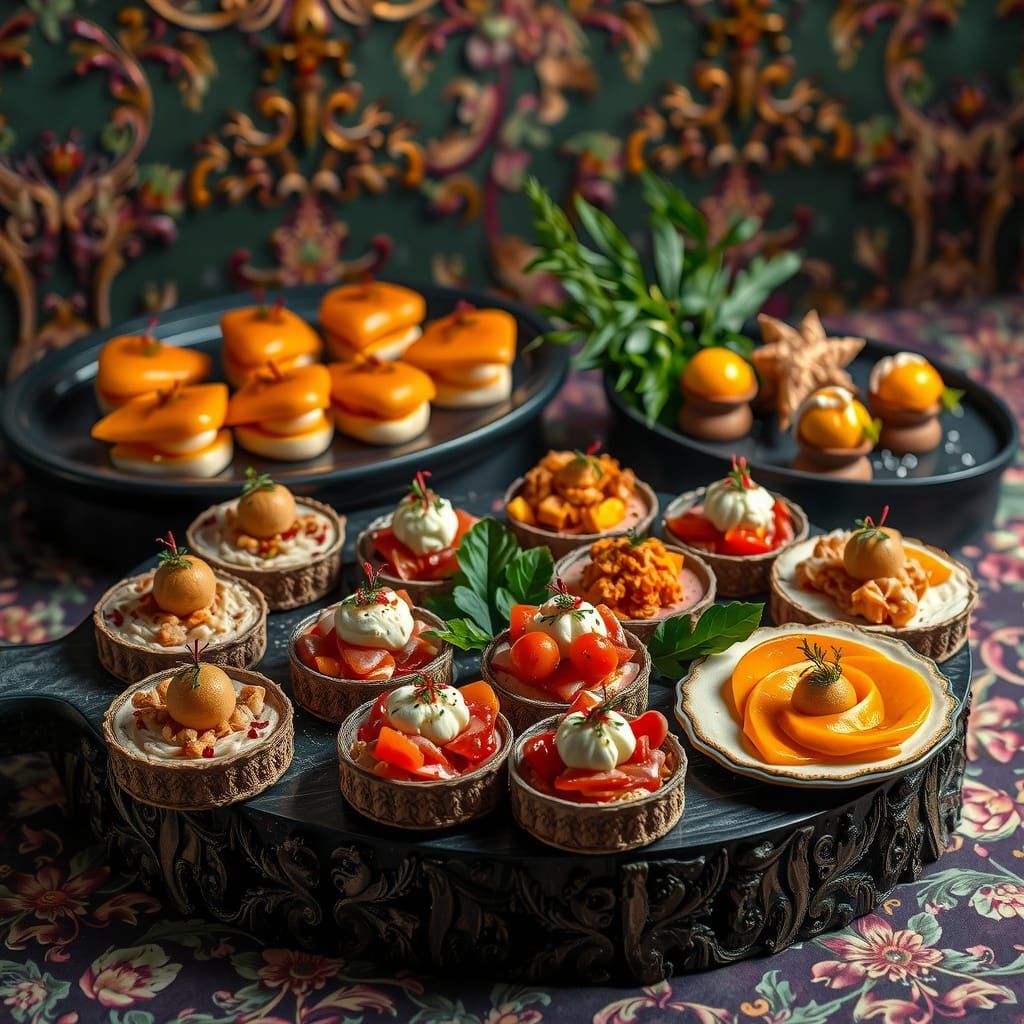 Conceptual Food Photography (lavish spread of appetizers against a backdrop of opulent maximalism)