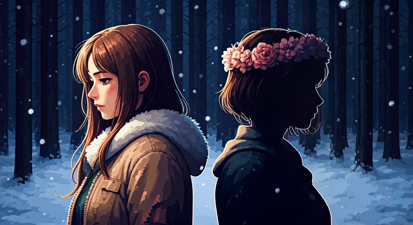 Snowy Forest Encounter in Pixel Art