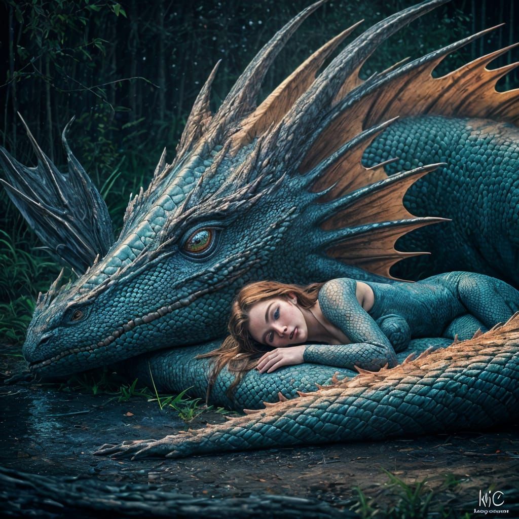 Girl and Rainbow Dragon at Dawn, 8k Photography