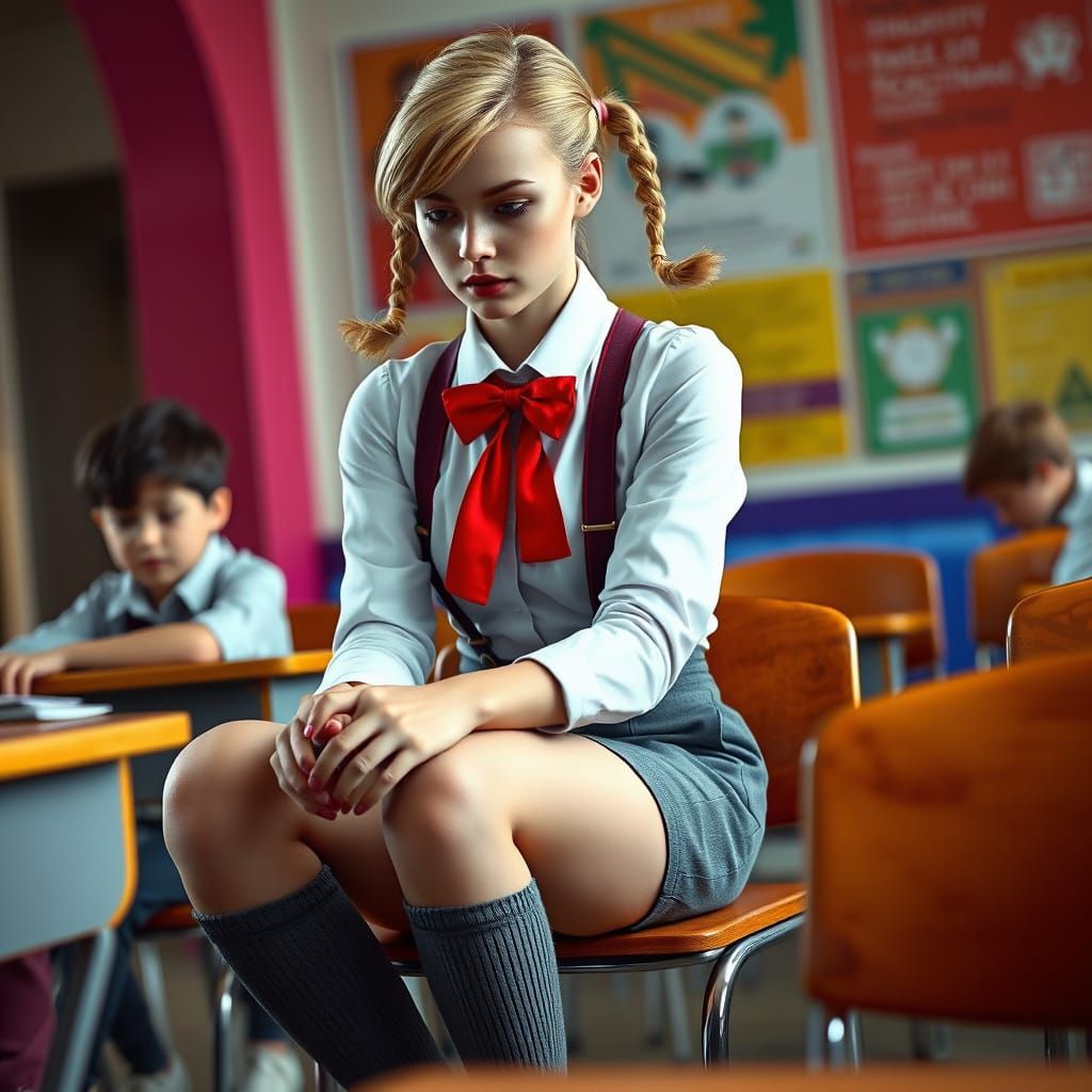 Androgynous Young Woman Contemplates in Classroom Setting