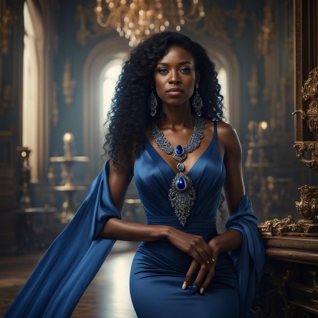 Beautiful Black Woman in Blue Dress: Fantasy Art