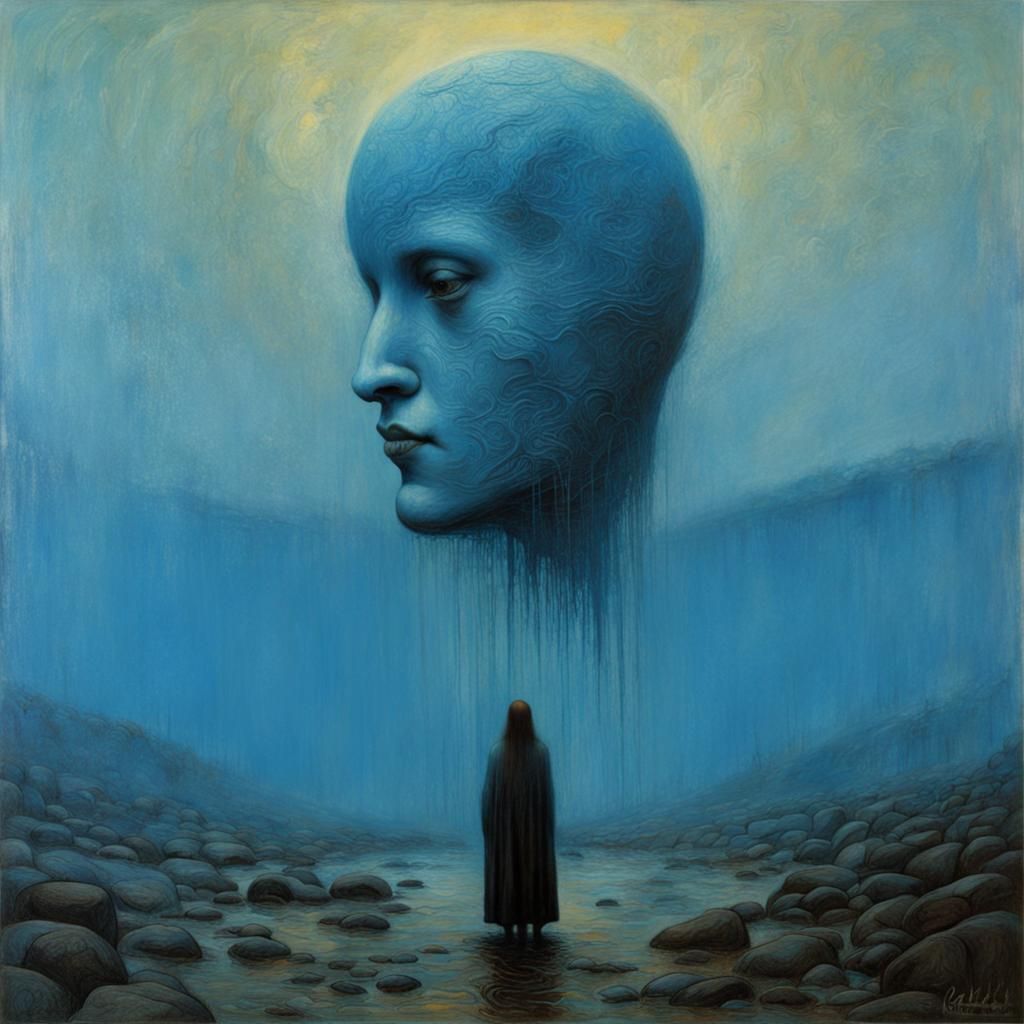 Blue Figurative Painting in Beksiński Style