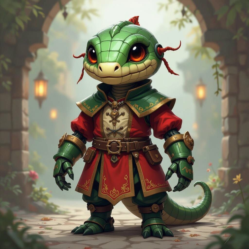 Mechanical Yuan-ti Golem in Medieval Attire